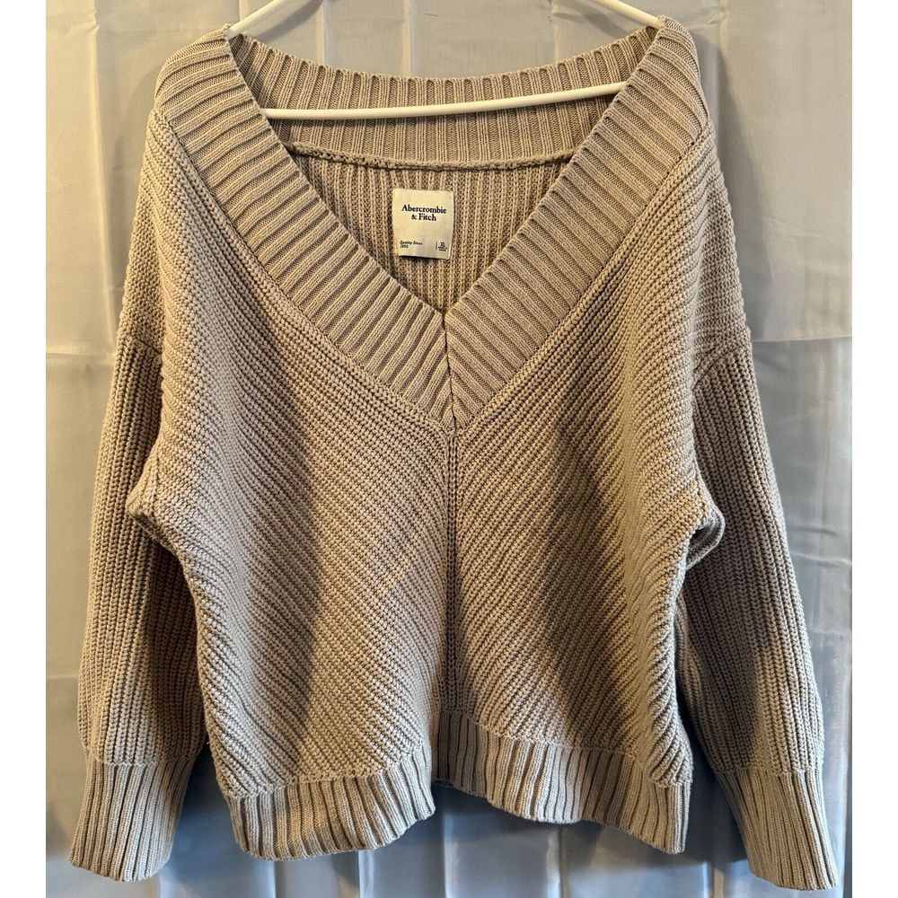 Abercrombie & Fitch Knit Sweater Beige Long Sleeve V-Neck Pullover‎ XL  Women's